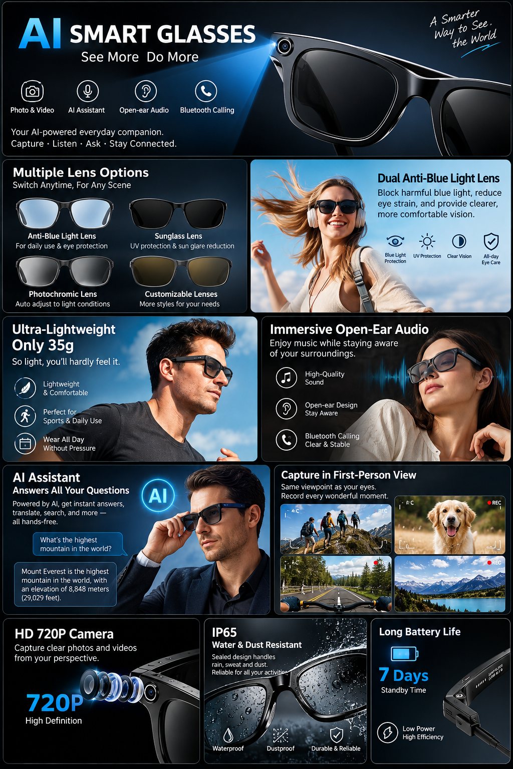 AI Smart Glasses with 8MP Camera, HD Photo & 720P Video, Bluetooth 5.4 Calls, Music & AI Translation