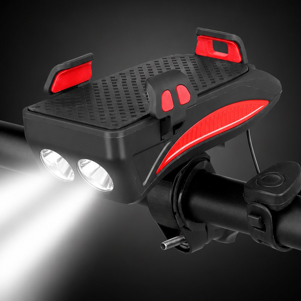 Éclairage de vélo 4 en 1 avec support de téléphone, klaxon 130 dB et batterie externe, phare rechargeable USB 400 lumens