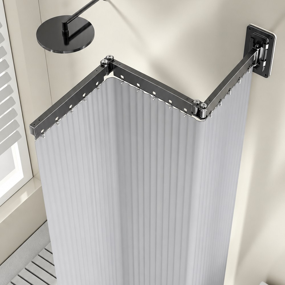 Tringle à rideau de douche pliable avec rideau, séparateur mural sans perçage pour séparation humide et sèche