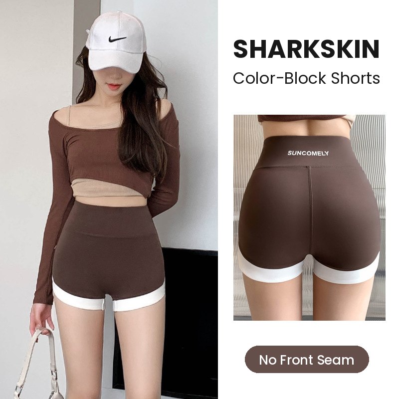 High-Waist Sharkskin Color-Block Shorts, No Front Seam